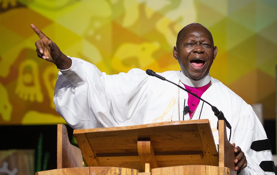 yambasu-file-3-3000 Bishop John K. Yambasu gives the sermon during morning worship at the 2016 United Methodist General Conference in Portland, Ore. During his recent address at the Africa Extended Cabinet meeting in Accra, Ghana, the Sierra Leone Area bishop urged African United Methodists to “hold firmly to the truth of the Gospel.” File photo by Mike DuBose, UMNS