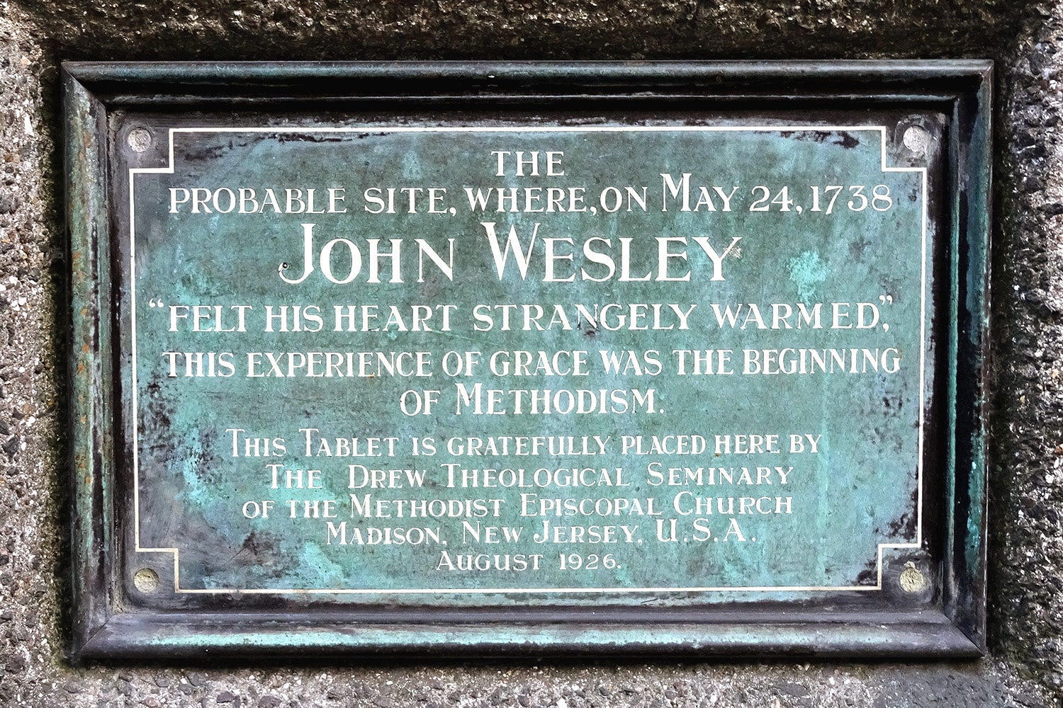 A plaque erected in Aldersgate Street, London, by the Drew Theological Seminary of the Methodist Episcopal Church in Madison, N. J., marks the probable site of John's Wesley's now famous moment of spiritual revelation. Photo courtesy of Wikimedia Commons.