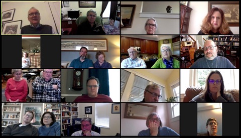 The Friendship Sunday school class of Belmont United Methodist Church in Nashville, Tenn., meets online Sunday, March 15, 2020, after church leadership encouraged people to worship from home in response to the coronavirus. Image courtesy of Susan Hay. Originally published by UMNews.