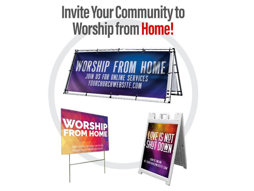 New outreach resources are now available, created specifically to help you invite your community to attend online worship services. Customize and order banners, yard signs or sandwich board signs. Image courtesy of Outreach.com.