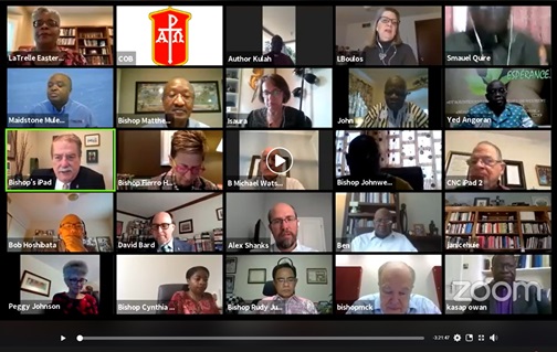 Captura de pantalla de una de las reuniones virtuales del Concilio de Obispo/as durante la pandemia de Covid19. Foto UMCOM.