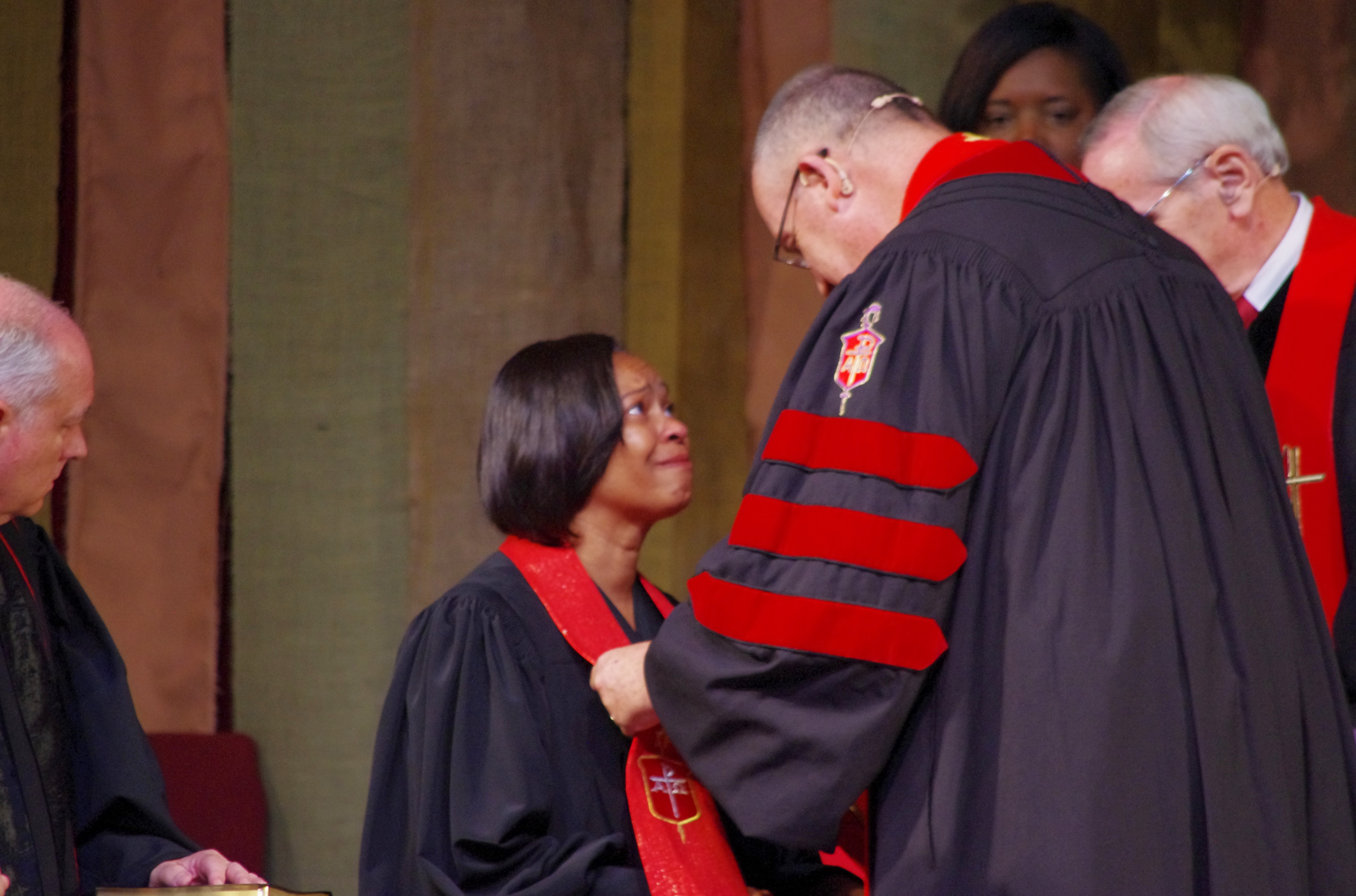 Virginia Bishop Sharma Lewis is moved as she is consecrated a bishop. The first African-American woman to be elected bishop since 2000, she  was elected on the first ballot at the 2016 Southeastern Jurisdictional Conference.  Photo by Burt Williams, Western North Carolina Conference. 