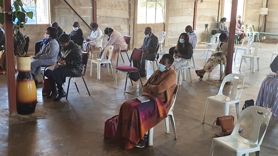 Members of Gaberone United Methodist Church in Gaberone, Botswana, practice social distancing May 31 during the first service following a seven-week lockdown related to the coronavirus. Attendance is limited to 50 people or less during the COVID-19 pandemic. Photo by David Mandiyanike, Gaberone United Methodist Church.