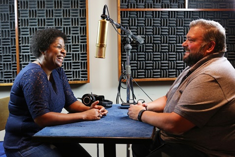 United Methodist Communications strives to engage people with dynamic content targeted to the interests of distinct audiences: seekers, members, church leaders and news. Sheila Bates, director of student faith and leadership formation at United Methodist Higher Education & Ministry, joins Joe Iovino for a podcast in the audio studio of United Methodist Communications. Photo by Kathleen Barry, United Methodist Communications.