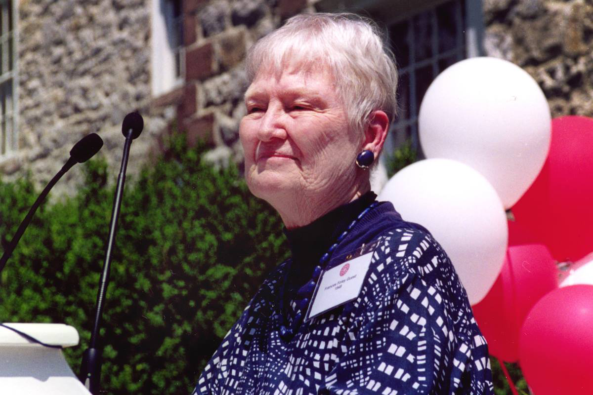 The Rev. Frances Helen Foley Guest speaks at Dickinson College in Carlisle, Pa., after receiving a distinguished alumni award in June 2002. The three and a half years she spent in a Japanese prison camp with her missionary parents helped shape her ministry. File photo by Kenneth J. Guest.