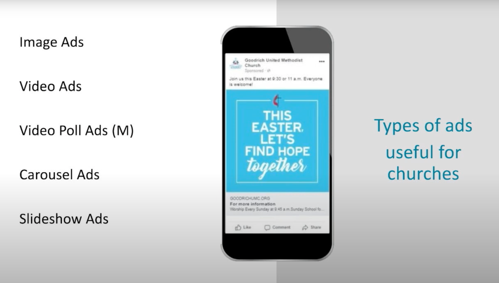 Learn how to promote your online worship through Facebook advertising. Screenshot from video.