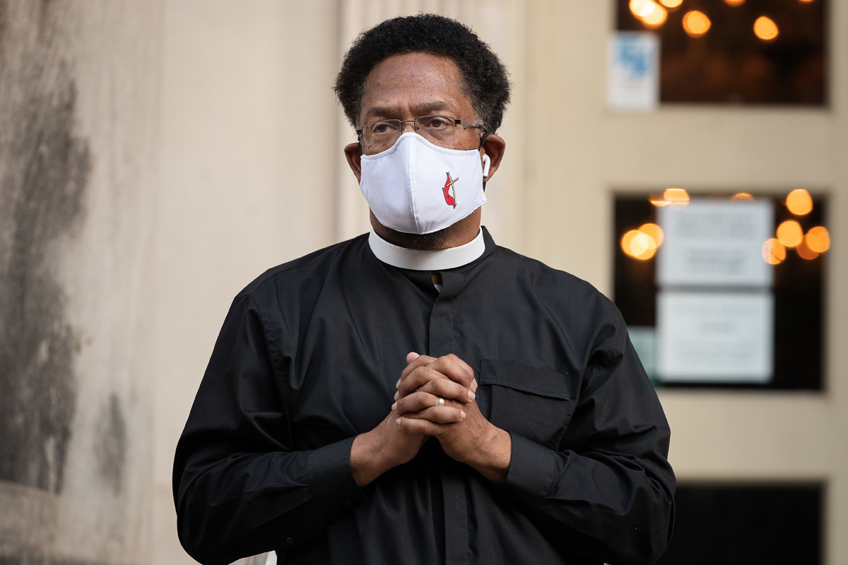 The Rev. Stephen Handy leads a prayer vigil on June 4, 2020, at McKendree United Methodist Church in Nashville, Tenn., that was held to grieve and remember people lost to acts of racism. In a new survey by Gammon Research Institute, Black clergy and laity listed discrimination and racism among the top concerns facing the future of The United Methodist Church. File photo by Mike DuBose, UM News. 
