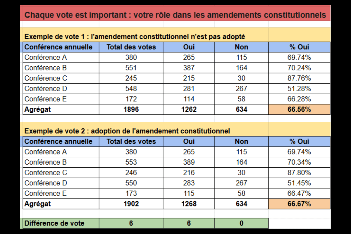 Un exemple hypothétique qui illustre l’importance de chaque vote dans le décompte global des votes.