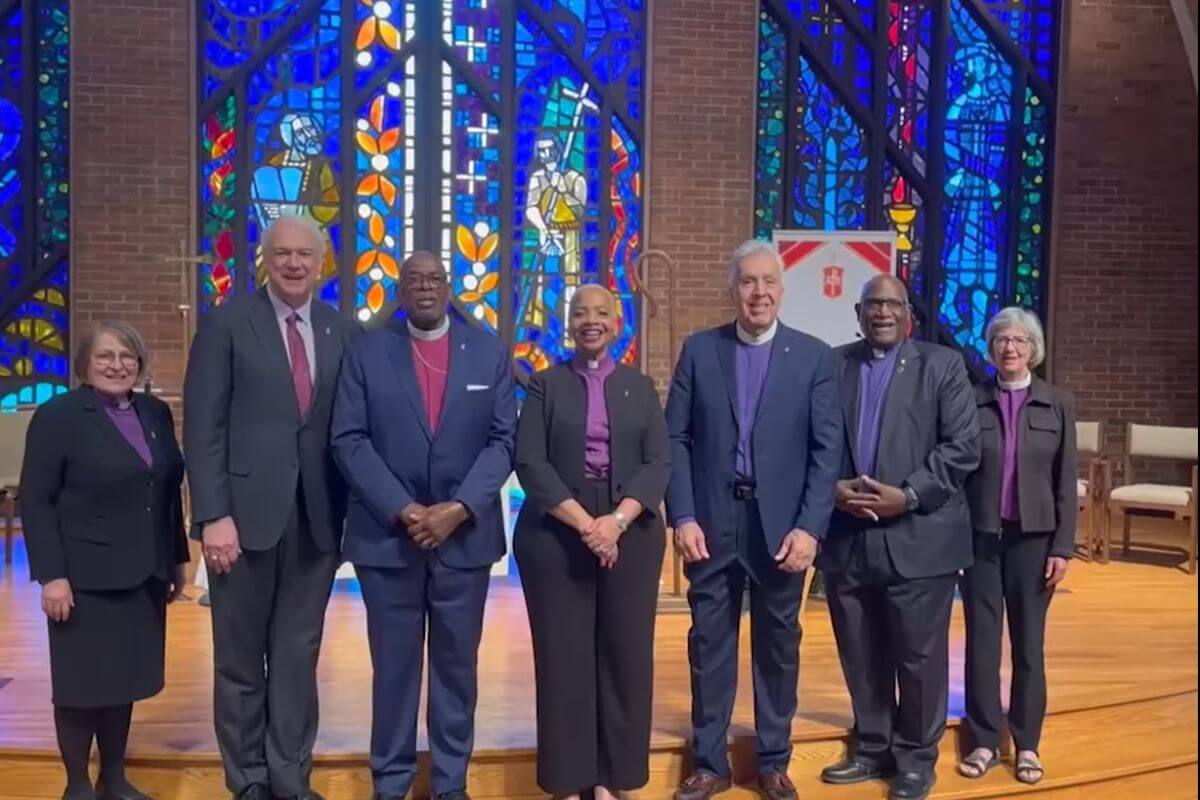 The Council of Bishops of The United Methodist Church officers from left: Ecumenical Officer Bishop Rosemarie Wenner, Immediate Past President Bishop Thomas Bickerton, Secretary Bishop Jonathan Holston, President Bishop Tracy S. Malone, President Designate Bishop Ruben Saenz, Executive Secretary Bishop Gregory Palmer and Ecumenical Officer Bishop Hope Morgan Ward. (Photo courtesy of the Council of Bishops)