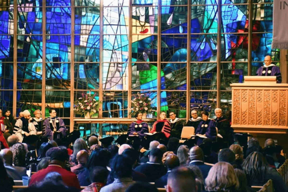 General Secretary Roland Fernandes addresses the Garrett-Evangelical Theological Seminary graduates after receiving a honorary degree on May 9. Photo courtesy of The General Board of Global Ministries. 