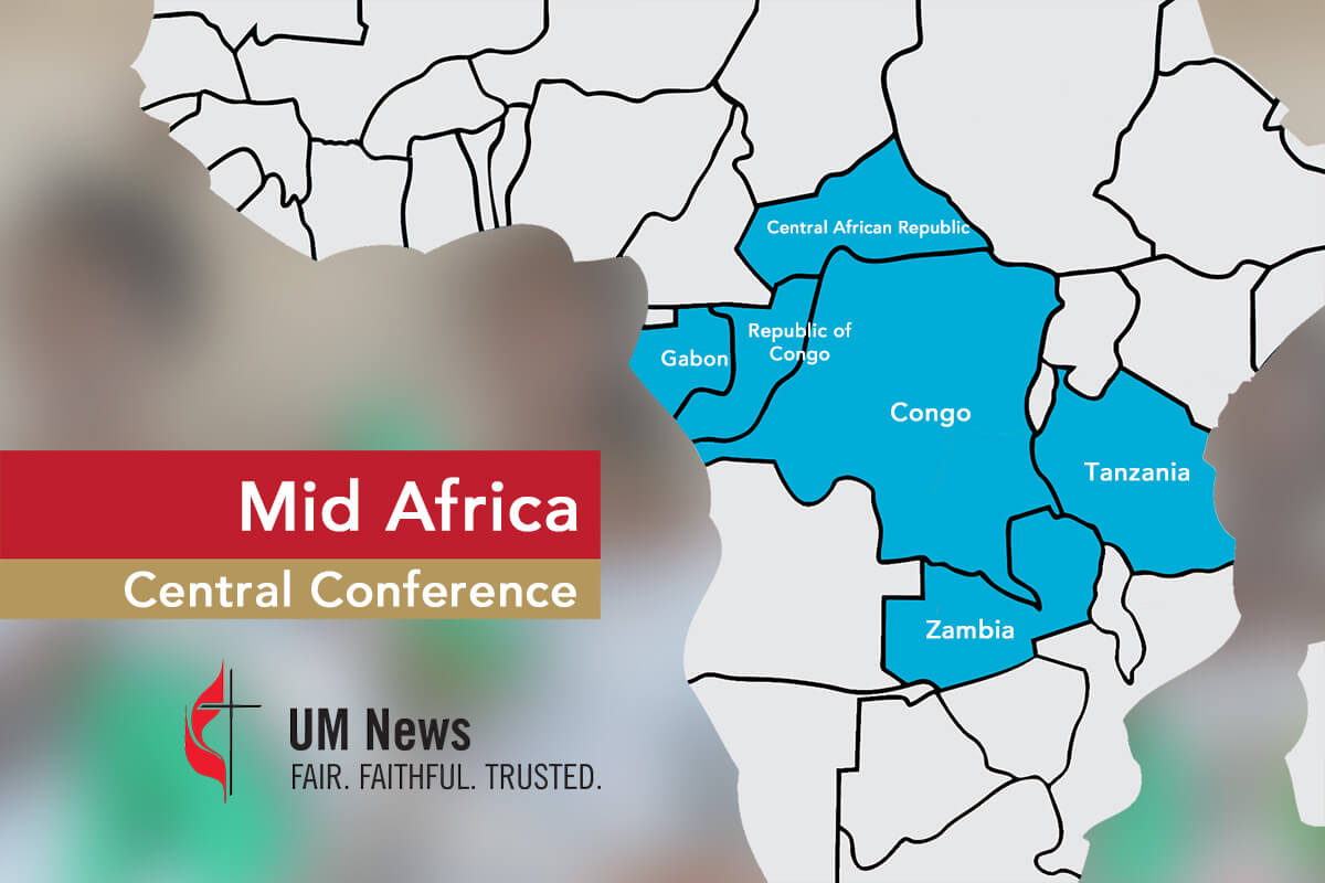 Este  mapa mostra a Conferência Central da África Central, anteriormente conhecida como Conferência Central do Congo. A conferência central está reunida de 10 a 13 de julho em Kitwe, Zâmbia. Os delegados elegerão três bispos, dois deles sucederão os bispos que se aposentarão e um deles será adicionado à conferência central, decisão esta tomada pela Conferência Geral do ano passado. Gráfico de Ben Ward, Notícias da Igreja Metodista Unida.